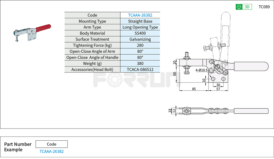 Toggle Clamp (26382)- Horizontal Hold-Down, Straight Base, Tightening Force 250kg Drawing/Specifications