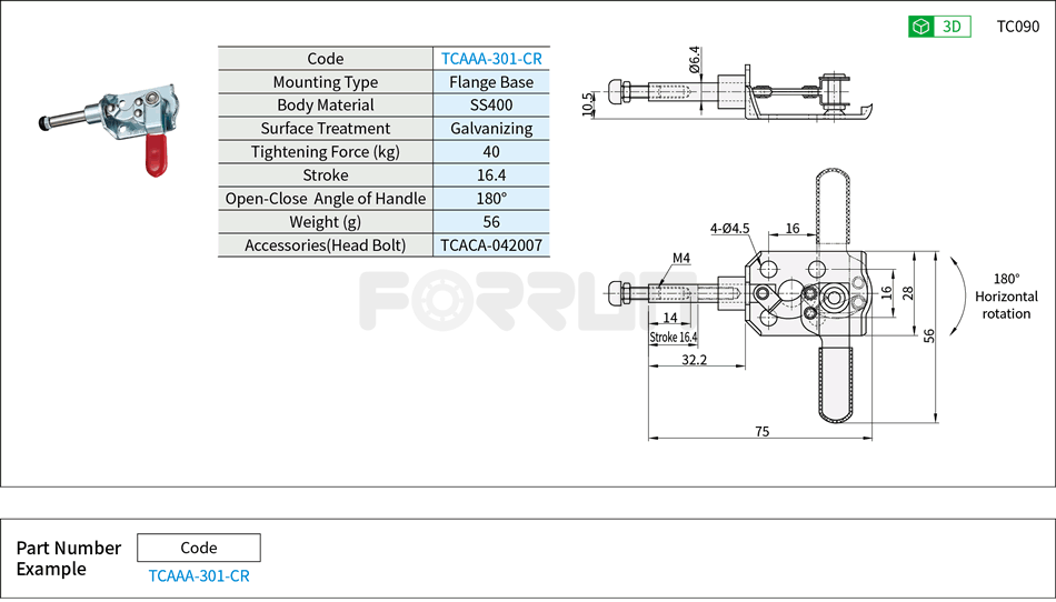 Toggle Clamp (301-CR)- Push-Pull Type, Flange Base, Tightening Force 40kg Drawing/Specifications