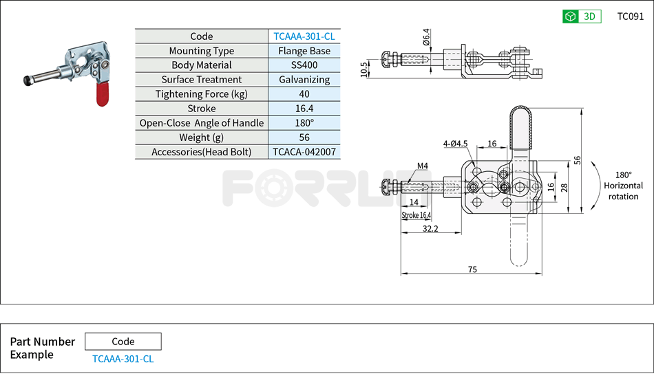 Toggle Clamp (301-CL)- Push-Pull Type, Flange Base, Tightening Force 40kg Drawing/Specifications