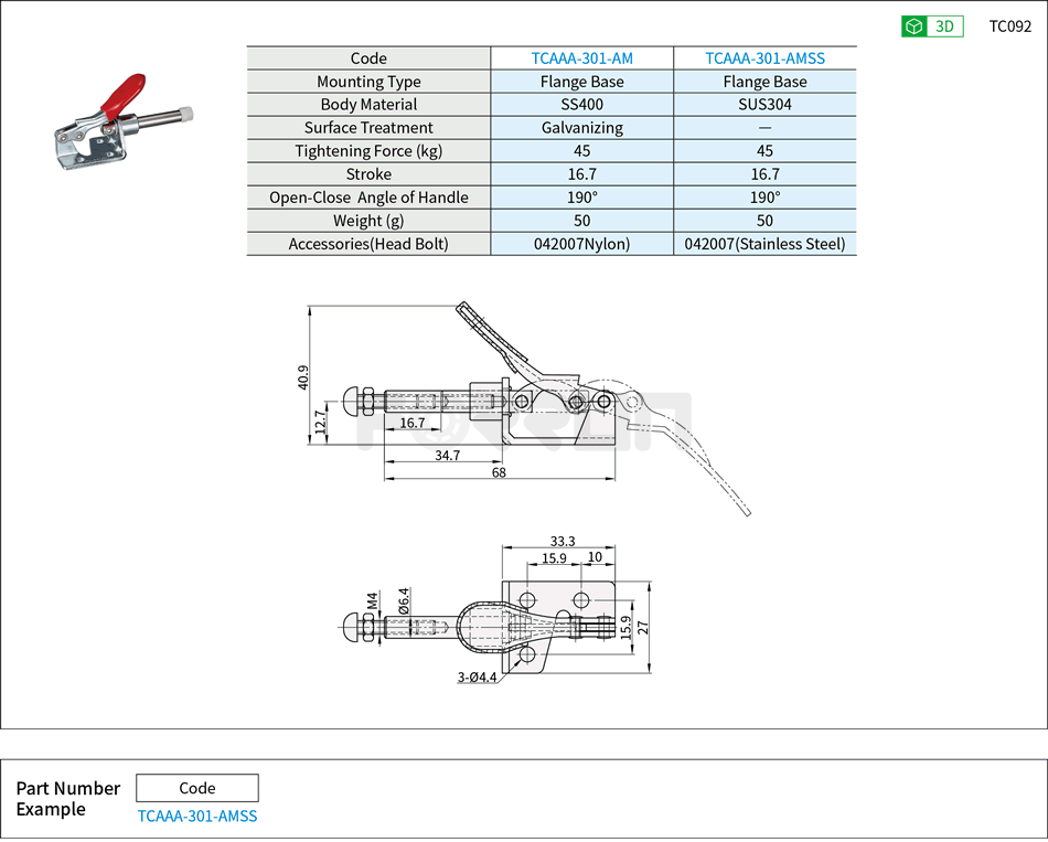 Toggle Clamp (301-AM、301-AMSS)- Push-Pull Type, Flange Base, Tightening Force 45kg Drawing/Specifications