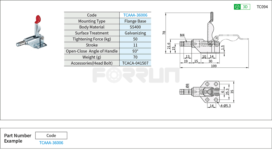 Toggle Clamp (36006)- Push-Pull Type, Flange Base, Tightening Force 50kg Drawing/Specifications