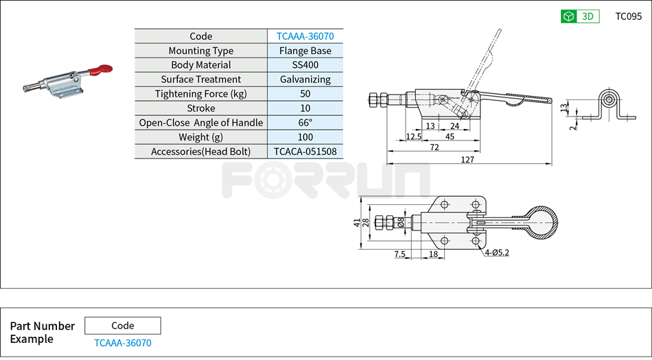 Toggle Clamp (36070)- Push-Pull Type, Flange Base, Tightening Force 50kg Drawing/Specifications
