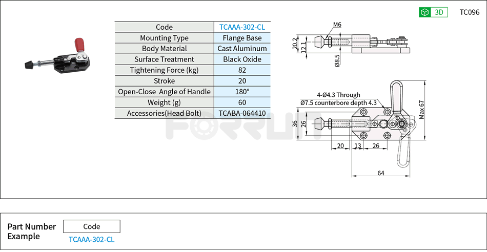 Toggle Clamp (302-CL)- Push-Pull Type, Flange Base, Tightening Force 82kg Drawing/Specifications