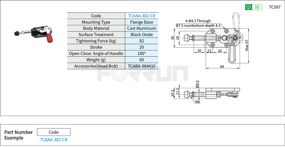 Toggle Clamp (302-CR)- Push-Pull Type, Flange Base, Tightening Force 82kg Drawing/Specifications