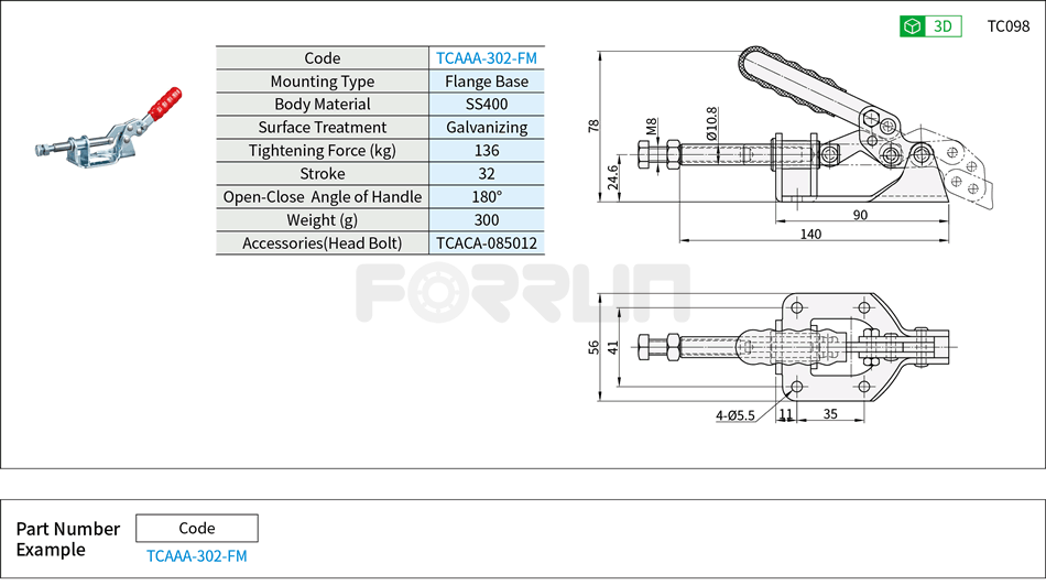 Toggle Clamp (302-FM)- Push-Pull Type, Flange Base, Tightening Force 136kg Drawing/Specifications