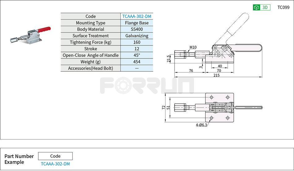 Toggle Clamp (302-DM)- Push-Pull Type, Flange Base, Tightening Force 160kg Drawing/Specifications