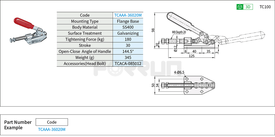Toggle Clamp (36020M)- Push-Pull Type, Flange Base, Tightening Force 180kg Drawing/Specifications