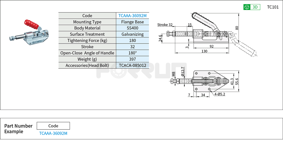 Toggle Clamp (36092M)- Push-Pull Type, Flange Base, Tightening Force 180kg Drawing/Specifications