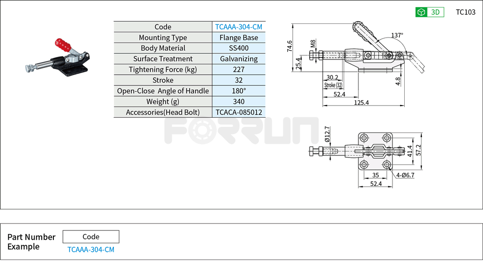 Toggle Clamp (304-CM)- Push-Pull Type, Flange Base, Tightening Force 227kg Drawing/Specifications