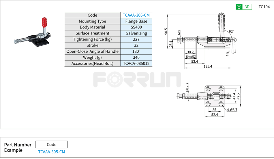 Toggle Clamp (305-CM)- Push-Pull Type, Flange Base, Tightening Force 227kg Drawing/Specifications