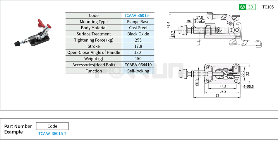 Toggle Clamp (36015-T)- Push-Pull Type, Flange Base, Tightening Force 255kg Drawing/Specifications