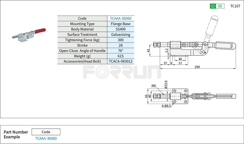 Toggle Clamp (36060)- Push-Pull Type, Flange Base, Tightening Force 300kg Drawing/Specifications