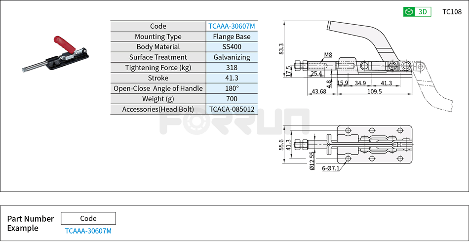 Toggle Clamp (30607M)- Push-Pull Type, Flange Base, Tightening Force 318kg Drawing/Specifications
