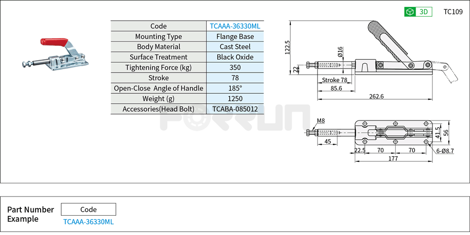Toggle Clamp (36330ML)- Push-Pull Type, Flange Base, Tightening Force 350kg Drawing/Specifications