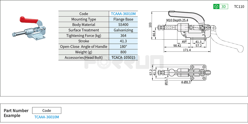 Toggle Clamp (36010M)- Push-Pull Type, Flange Base, Tightening Force 364kg Drawing/Specifications