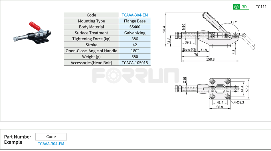 Toggle Clamp (304-EM)- Push-Pull Type, Flange Base, Tightening Force 386kg Drawing/Specifications