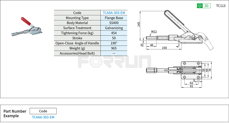 Toggle Clamp (303-EM)- Push-Pull Type, Flange Base, Tightening Force 454kg Drawing/Specifications