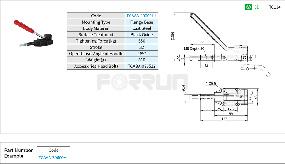 Toggle Clamp (30600HL)- Push-Pull Type, Flange Base, Tightening Force 650kg Drawing/Specifications