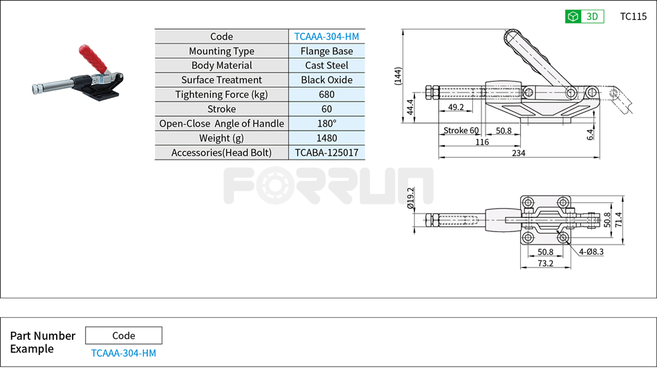 Toggle Clamp (304-HM)- Push-Pull Type, Flange Base, Tightening Force 680kg Drawing/Specifications