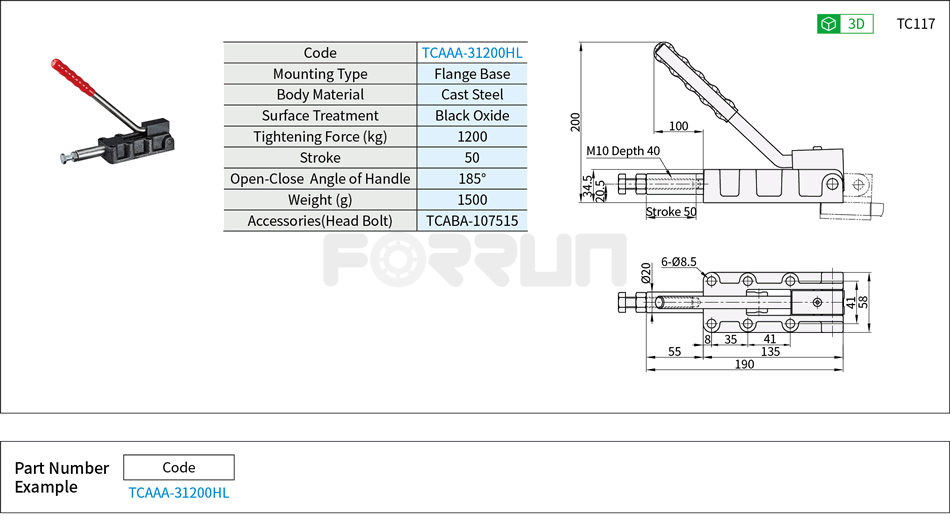 Toggle Clamp (31200HL)- Push-Pull Type, Flange Base, Tightening Force 1200kg Drawing/Specifications