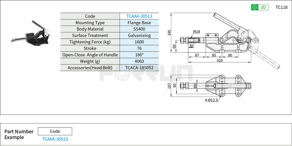 Toggle Clamp (30513)- Push-Pull Type, Flange Base, Tightening Force 1600kg Drawing/Specifications