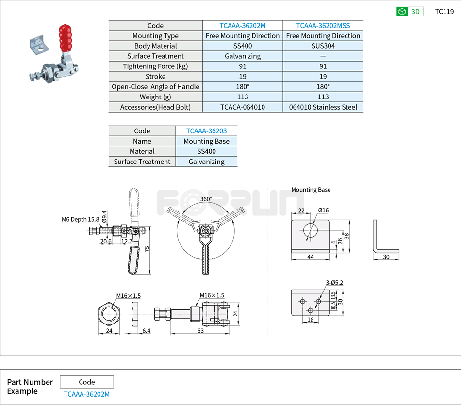 Toggle Clamp (36202M、36202MSS)- Push-Pull Type, Free Mounting Direction, Tightening Force 91kg Drawing/Specifications