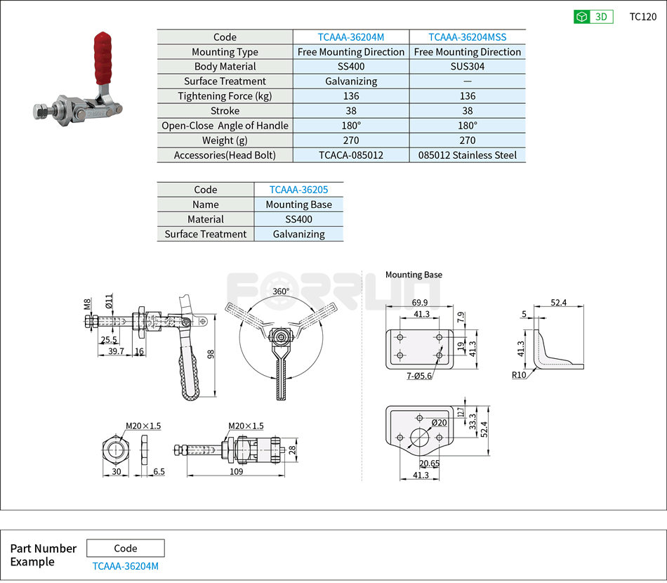 Toggle Clamp (36204M、36204MSS)- Push-Pull Type, Free Mounting Direction, Tightening Force 136kg Drawing/Specifications