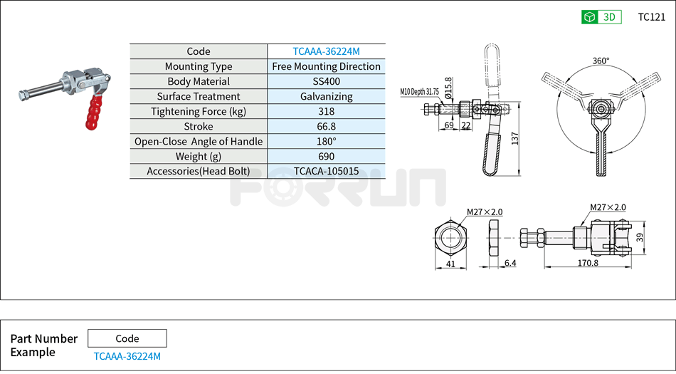 Toggle Clamp (36224M)- Push-Pull Type, Free Mounting Direction, Tightening Force 318kg Drawing/Specifications