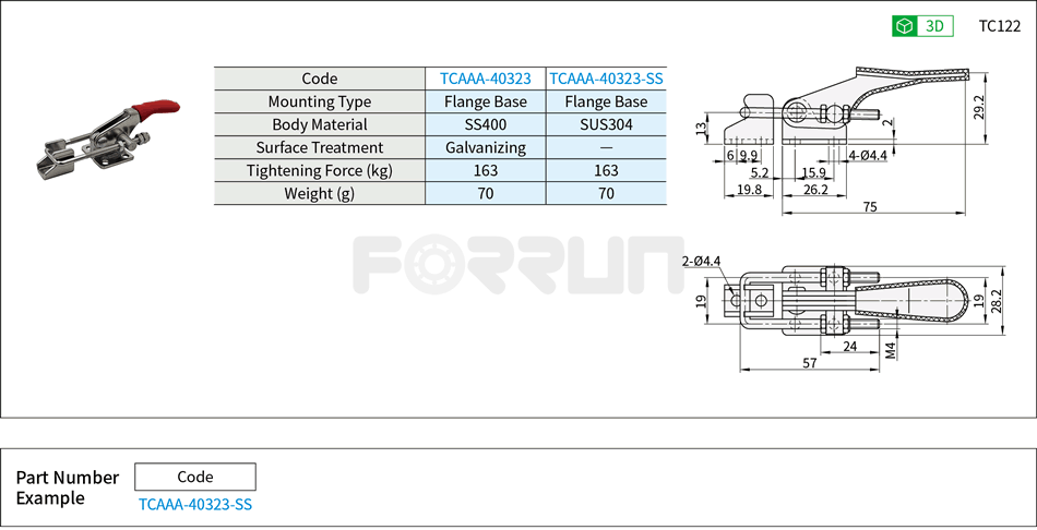 Toggle Clamp (40323、40323-SS)- Side Push Type, Flange Base, Tightening Force 163kg Drawing/Specifications
