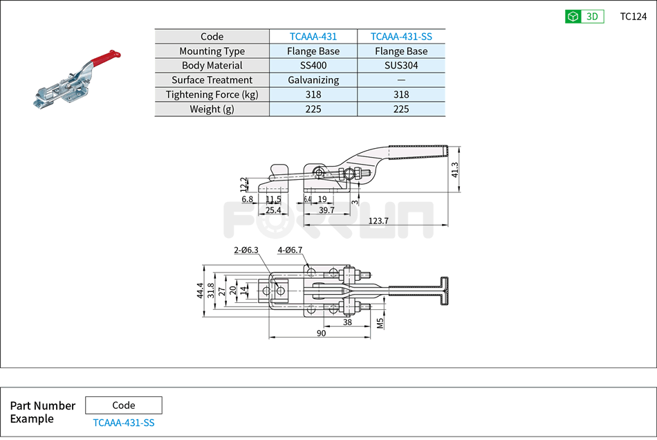 Toggle Clamp (431、431-SS)- Side Push Type, Flange Base, Tightening Force 318kg Drawing/Specifications