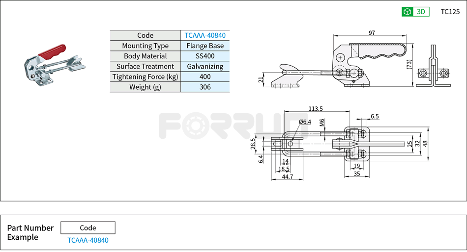 Toggle Clamp (40840)- Side Push Type, Flange Base, Tightening Force 400kg Drawing/Specifications
