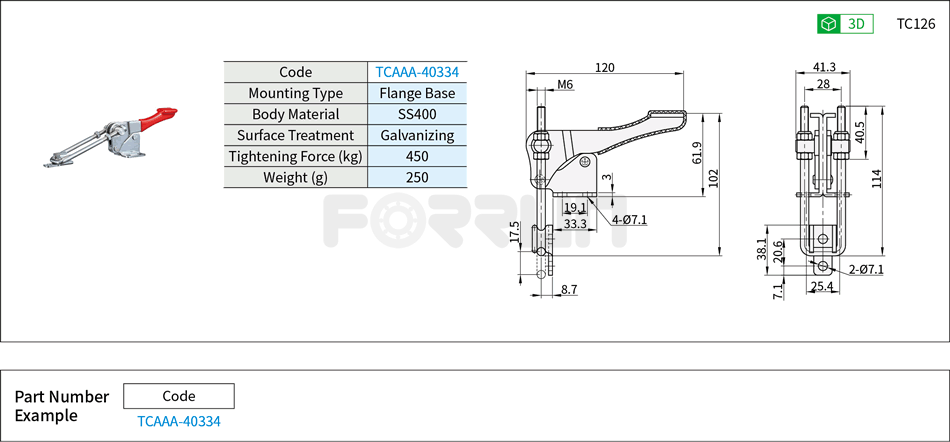 Toggle Clamp (40334)- Side Push Type, Flange Base, Tightening Force 450kg Drawing/Specifications