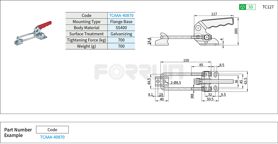 Toggle Clamp (40870)- Side Push Type, Flange Base, Tightening Force 700kg Drawing/Specifications