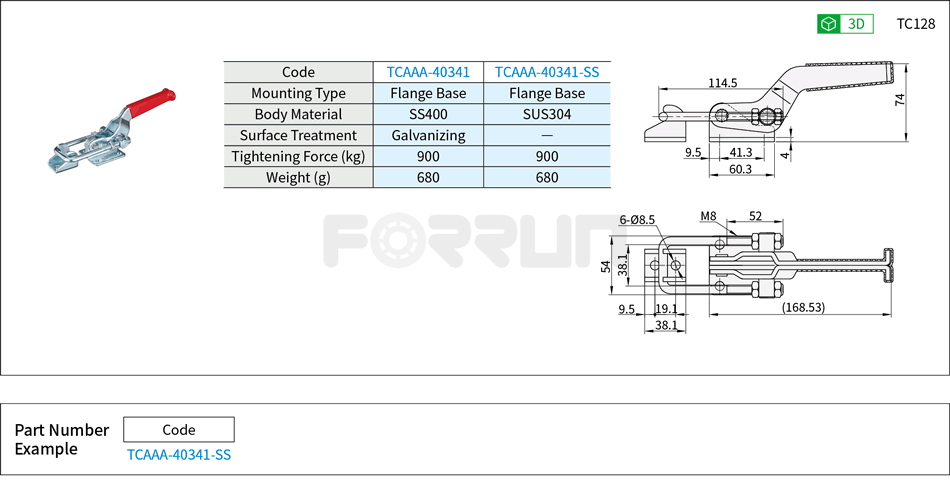 Toggle Clamp (40341、40341-SS)- Side Push Type, Flange Base, Tightening Force 900kg Drawing/Specifications