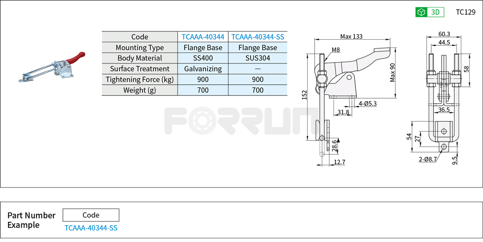 Toggle Clamp (40344、40344-SS)- Side Push Type, Flange Base, Tightening Force 900kg Drawing/Specifications