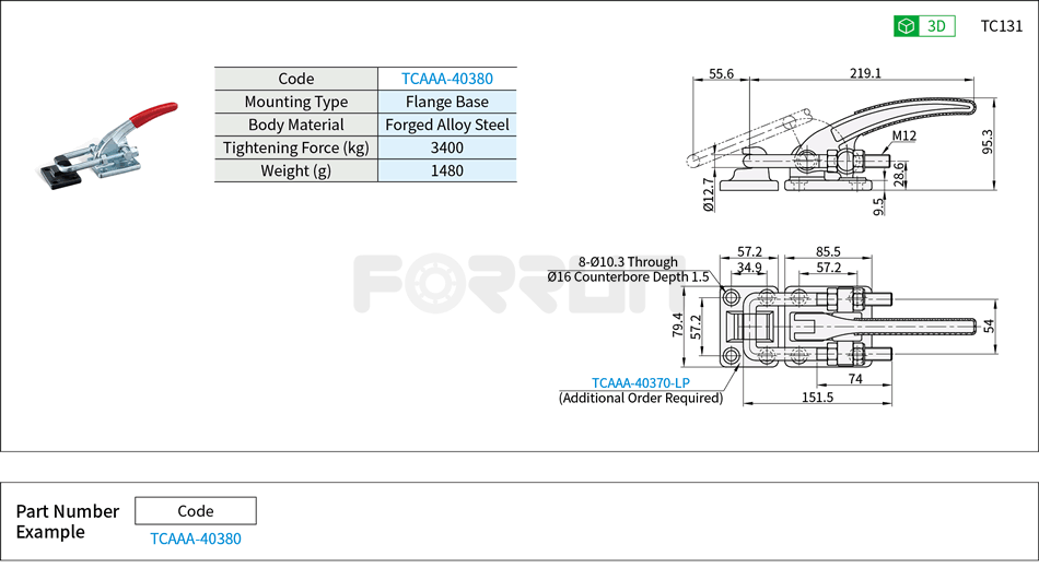 Toggle Clamp (40380)- Side Push Type, Flange Base, Tightening Force 3400kg Drawing/Specifications