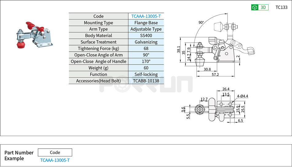 Toggle Clamp (13005-T)- Vertical Hold-Down, Flange Base, Tightening Force 68kg Drawing/Specifications