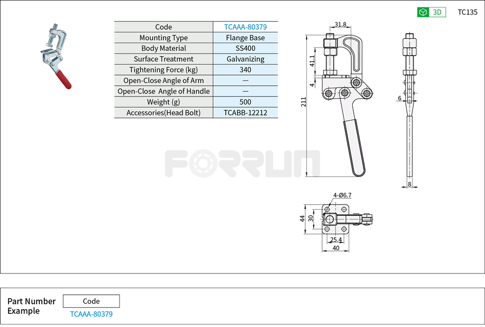 Toggle Clamp (80379)- F-shape, Flange Base, Tightening Force 340kg Drawing/Specifications