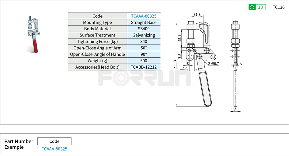 Toggle Clamp (80325)- F-shape, Straight Base, Tightening Force 340kg Drawing/Specifications
