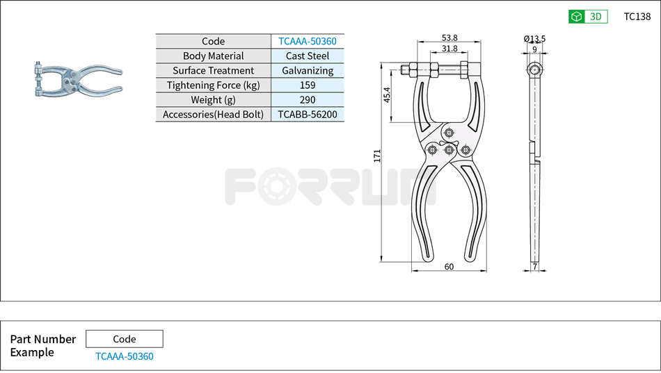 Hand Vise (50360)- Tightening Force 159kg Drawing/Specifications