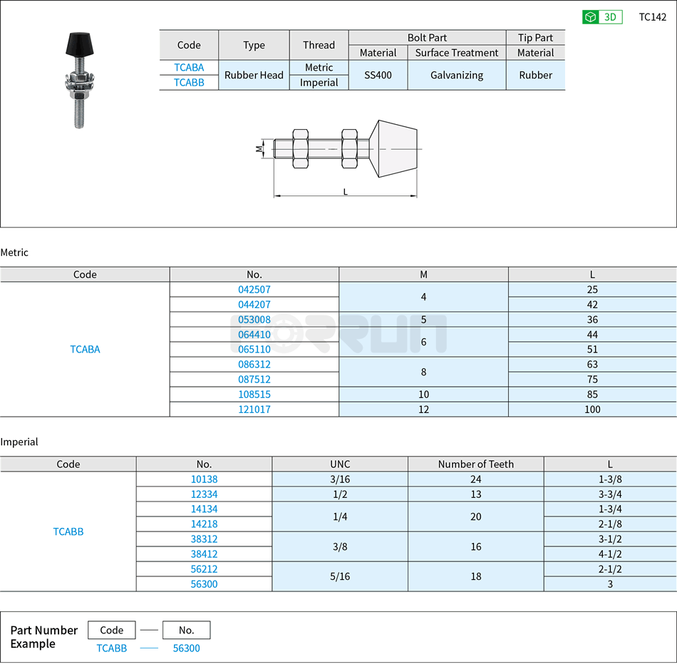 Metal Heads for Toggle Clamps - Rubber Head Drawing/Specifications