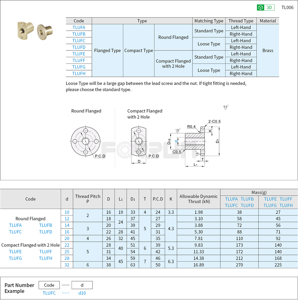 Nuts for Lead Screws - Compact Flanged Drawing/Specifications