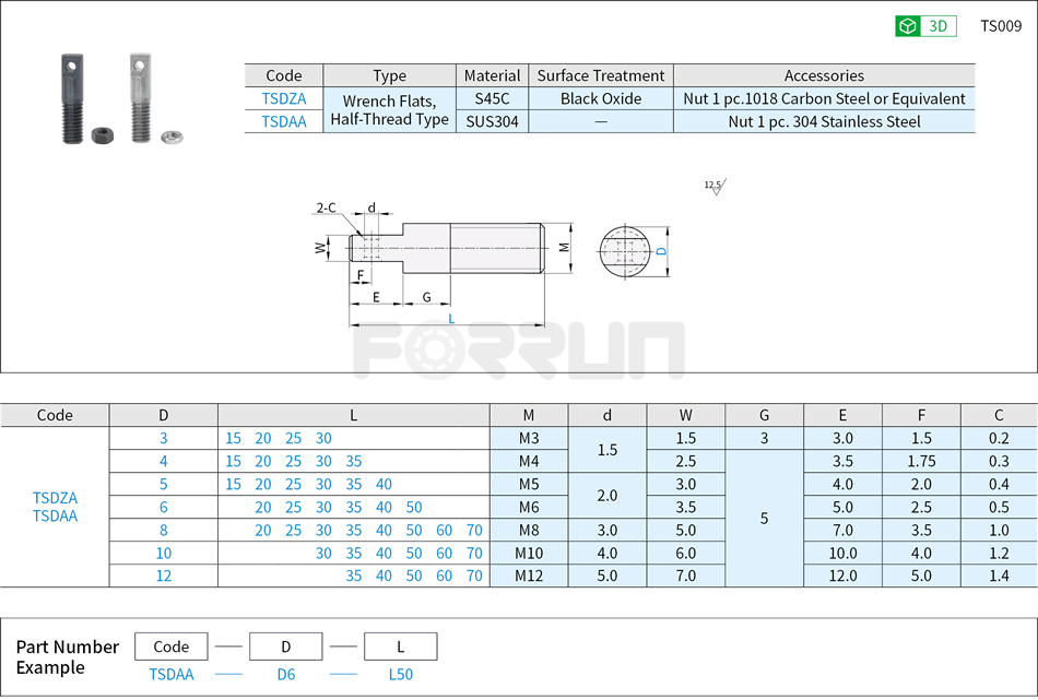 Extension Spring Stud – Wrench Flats, Half-Thread Type Drawing/Specifications