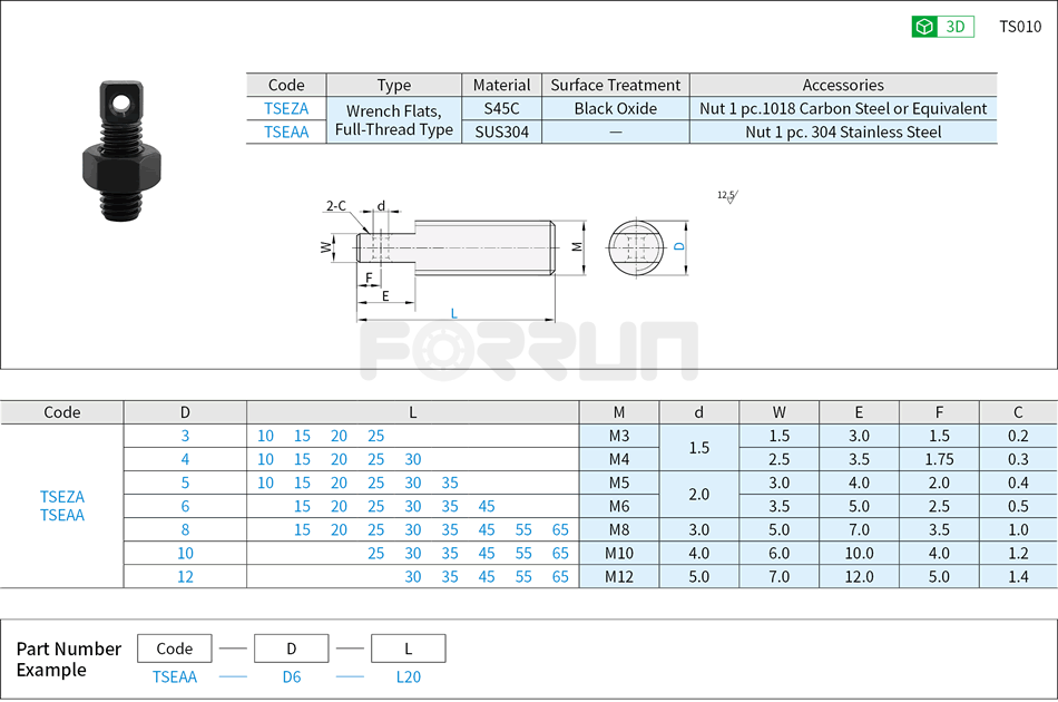 Extension Spring Stud – Wrench Flats, Full-Thread Type Drawing/Specifications
