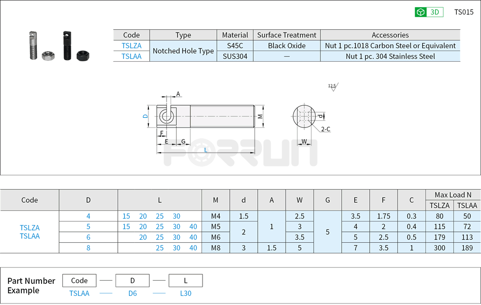Extension Spring Stud – Notched Hole Type Drawing/Specifications