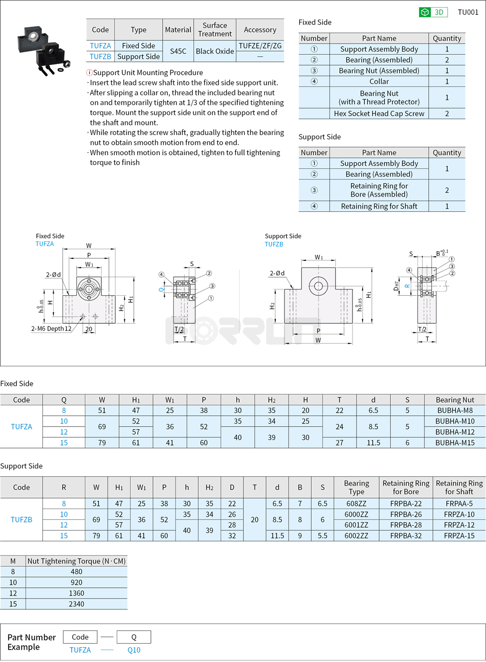 Support Units for Lead Screws - Square, Fixed Side/Support Side Drawing/Specifications