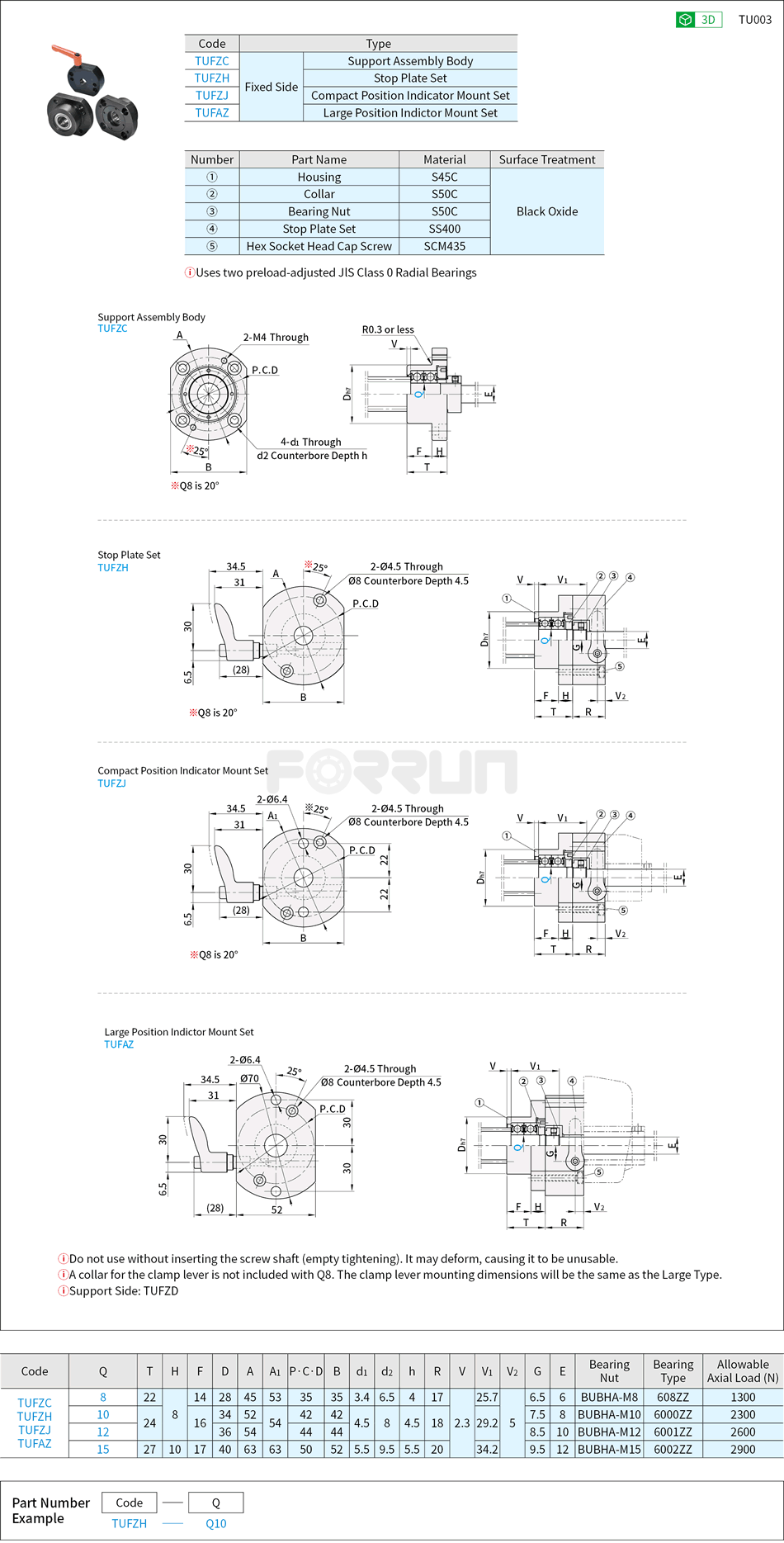 Support Units for Lead Screws - Round, Fixed Side Drawing/Specifications