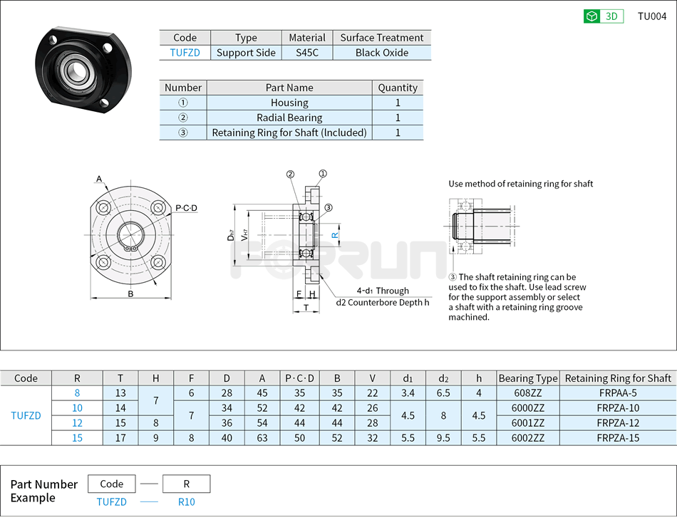 Support Units for Lead Screws - Round, Support Side Drawing/Specifications