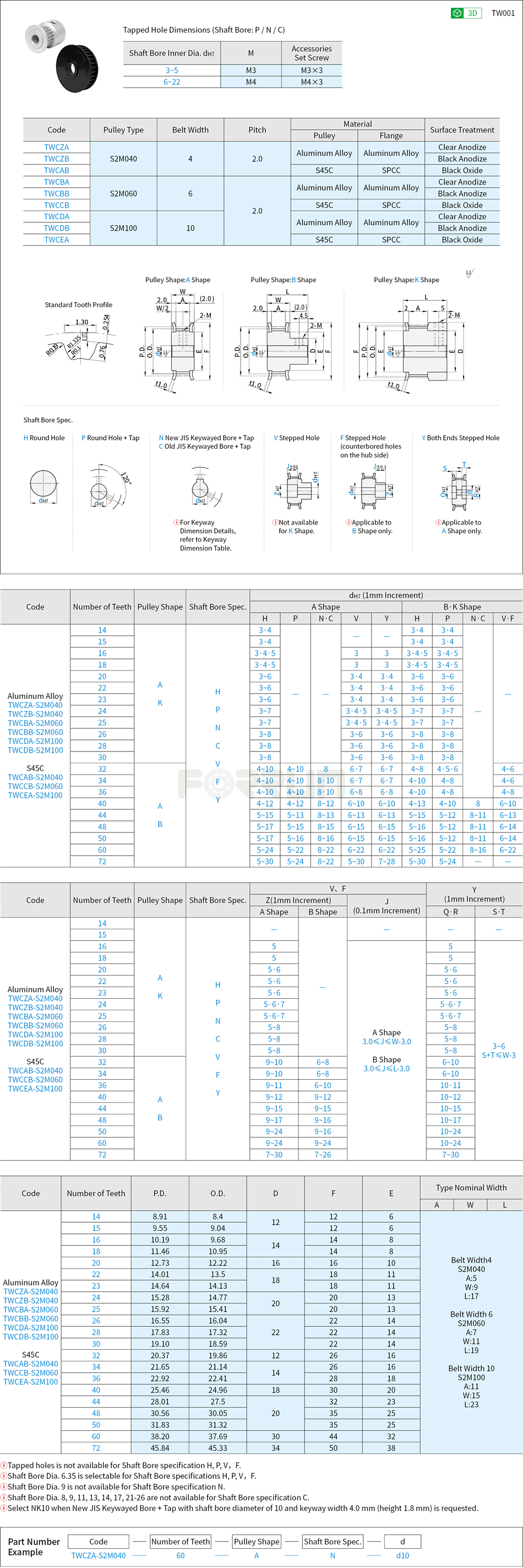 High Torque Timing Belt Pulleys - S2M Type Drawing/Specifications