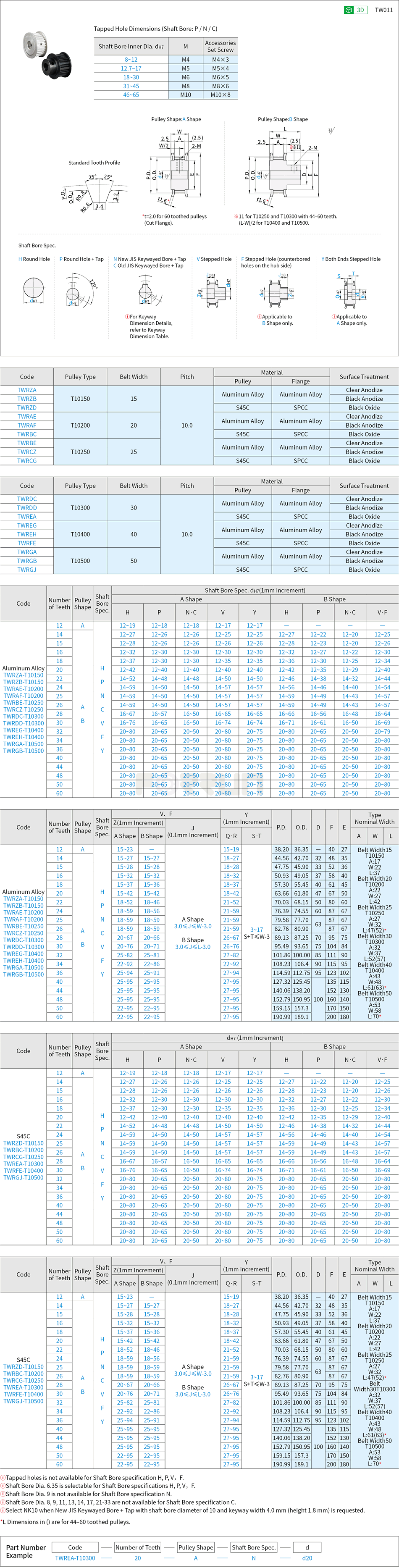 Timing Belt Pulleys - T10 Type Drawing/Specifications